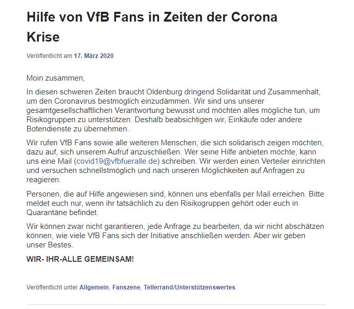 Anti-discrimination VfB Oldenburg fan initiative VfB für alle have set up a special email address for people in the city needing assistance.