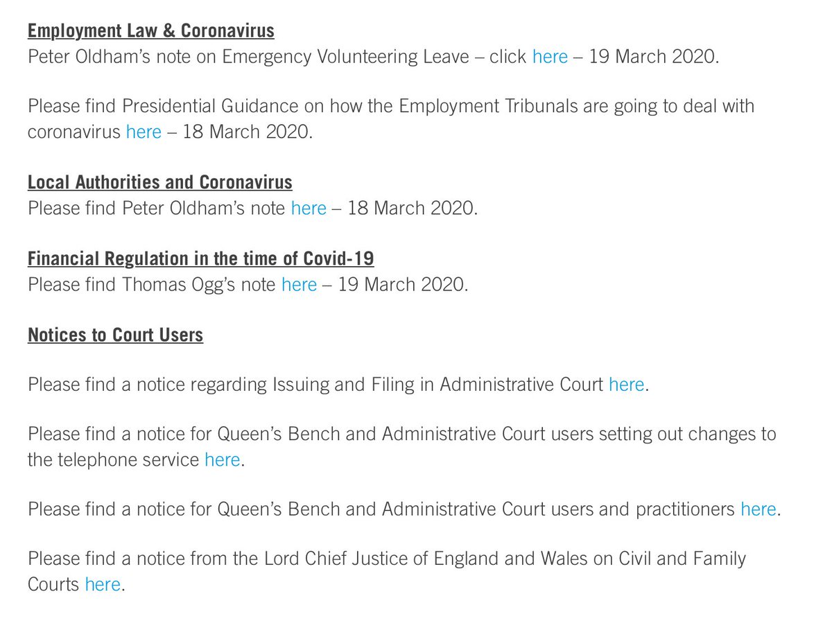 Really useful  #Coronavirus employment law and other guidance from barristers' (lawyers) chambers  @11kbw - bookmark this page  https://www.11kbw.com/knowledge-events/news/practical-information-and-guidance-on-the-impact-of-covid-19-on-our-practice-areas/ (ht  @seanjonesqc) /69