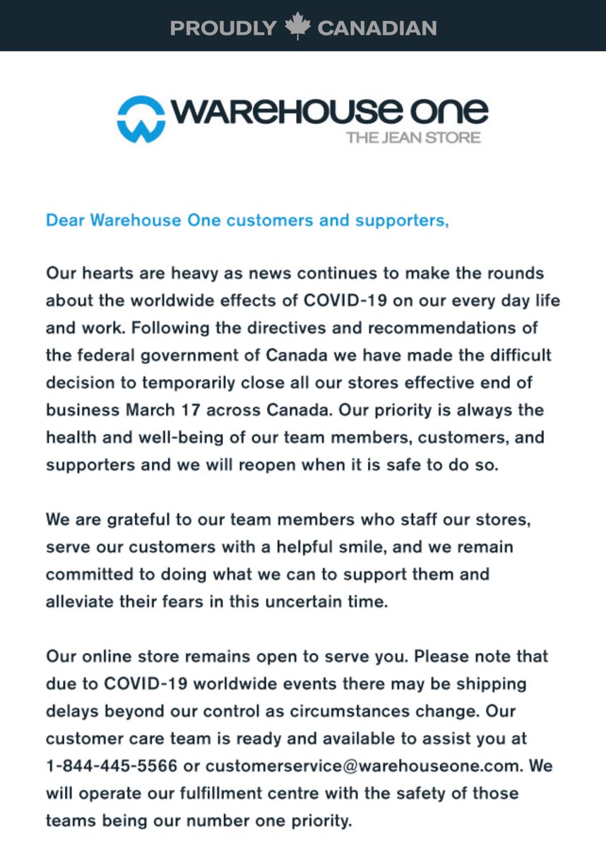 WarehouseOne's tweet photo. Our physical stores are closed until further notice but our online store is open 24/7. Stay safe 💙 We will get through this together. https://t.co/CVY5fVpTDE