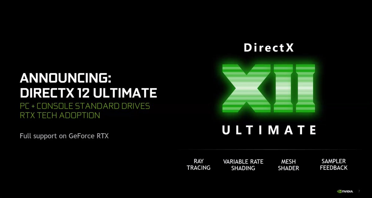 aschilling's tweet photo. #DirectX12Ultimate combines a subset of features for a faster adoption. First compatible hardware are all @NVIDIAGeForce RTX cards and the @Xbox Series X with RDNA 2 architecture.
- RTX/DXR
- Variable Rate Shading #VRS
- #MeshShader
- #SamplerFeedback / Texture Spacing Shading https://t.co/6BUVGNpMzL