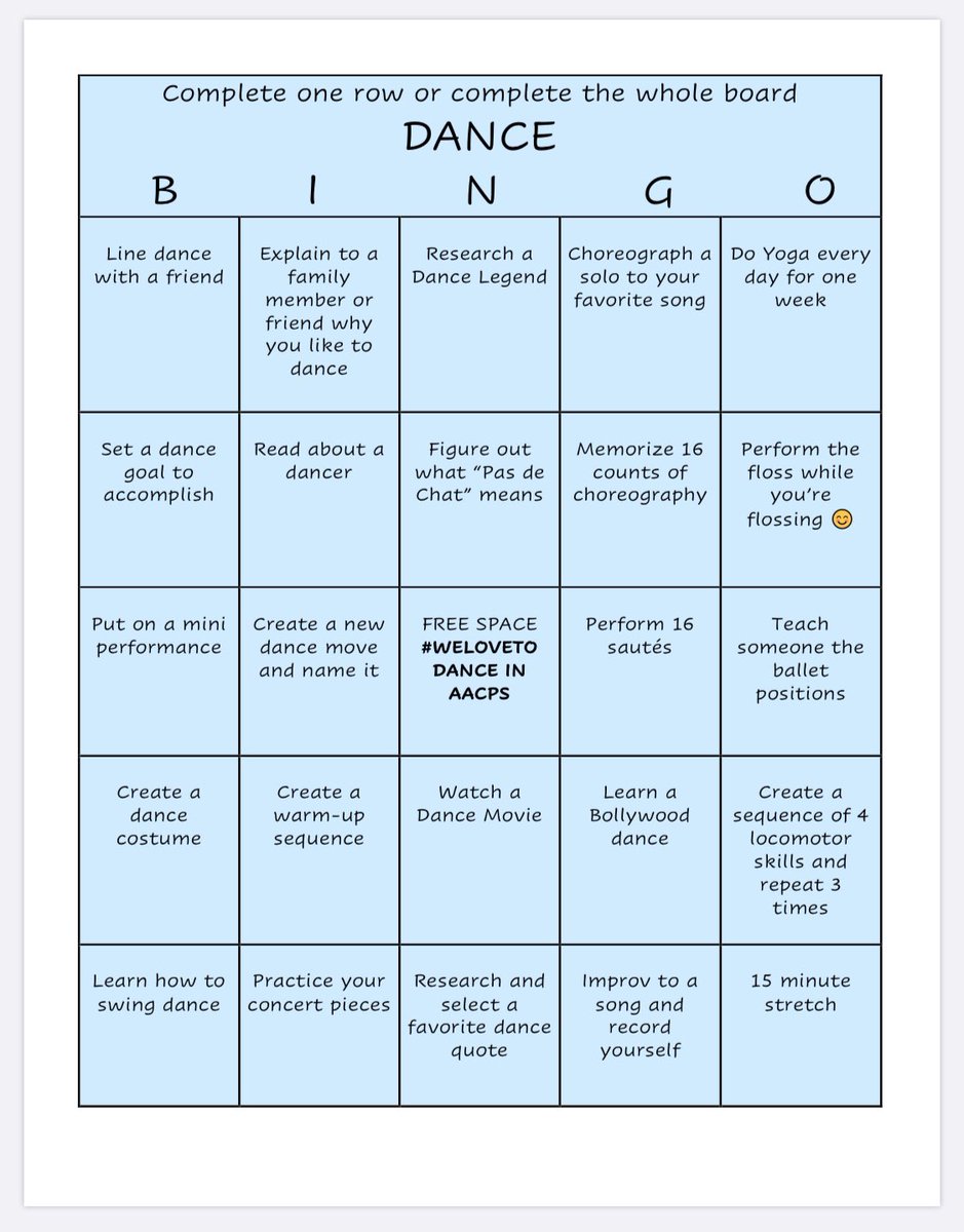 Looking for some ways to MOVE. Our <a href="/AACPSHPED/">AACPS HPED</a> Dance Teacher Specialist <a href="/deming_nicole/">Nicole Deming</a> creates a Dance Bingo sure to get you off your feet and up and #dancing #HPEatHome #aacpsawesome