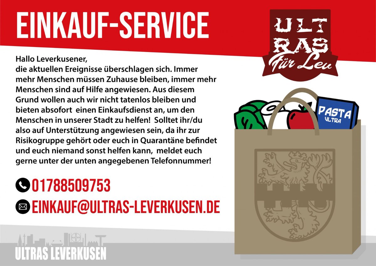 Ultras Leverkusen have set up a phone number for people in risk groups needing help with shopping.