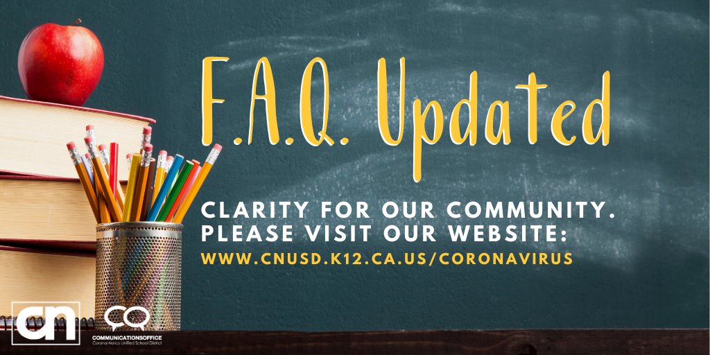 We know this is a time of uncertainty &amp; continuous change. We hear your concerns &amp; want to reassure you that we are doing our best to navigate this situation to ensure the best outcomes for our students &amp; staff.

Please visit our FAQ (updated daily) cnusd.k12.ca.us/coronavirus