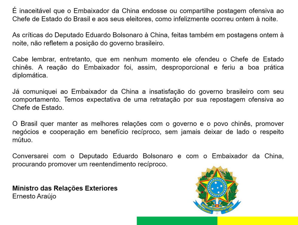 ernestofaraujo's tweet photo. Sobre postagens recentes e a relação Brasil-China: https://t.co/8jxfYoBaQy