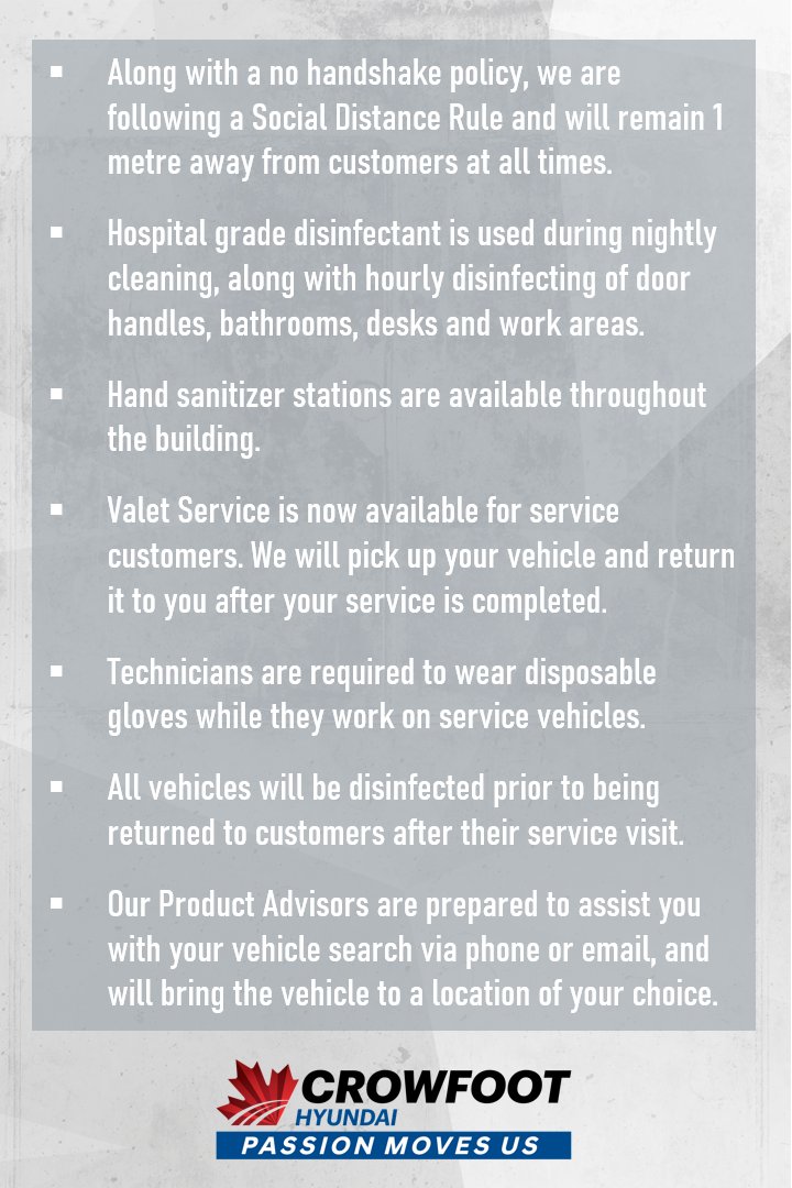 Our doors remain open at this time, and we have implemented new systems to ensure the health and safety of our community, and that our customers are comfortable during their car buying or servicing experience.

Thank you, we wish everyone safe health at this time!