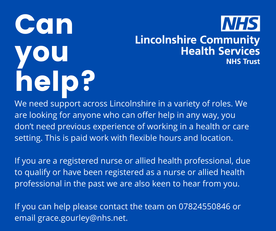 LincsCommHealth's tweet photo. Can you help?

We need support across #Lincolnshire in a variety of roles. We are looking for anyone who can offer help in any way. Please see the image for further information.

If you can help please contact the team on 07824550846 or email grace.gourley@nhs.net. @LincsNHS https://t.co/OQaO4M8VuM