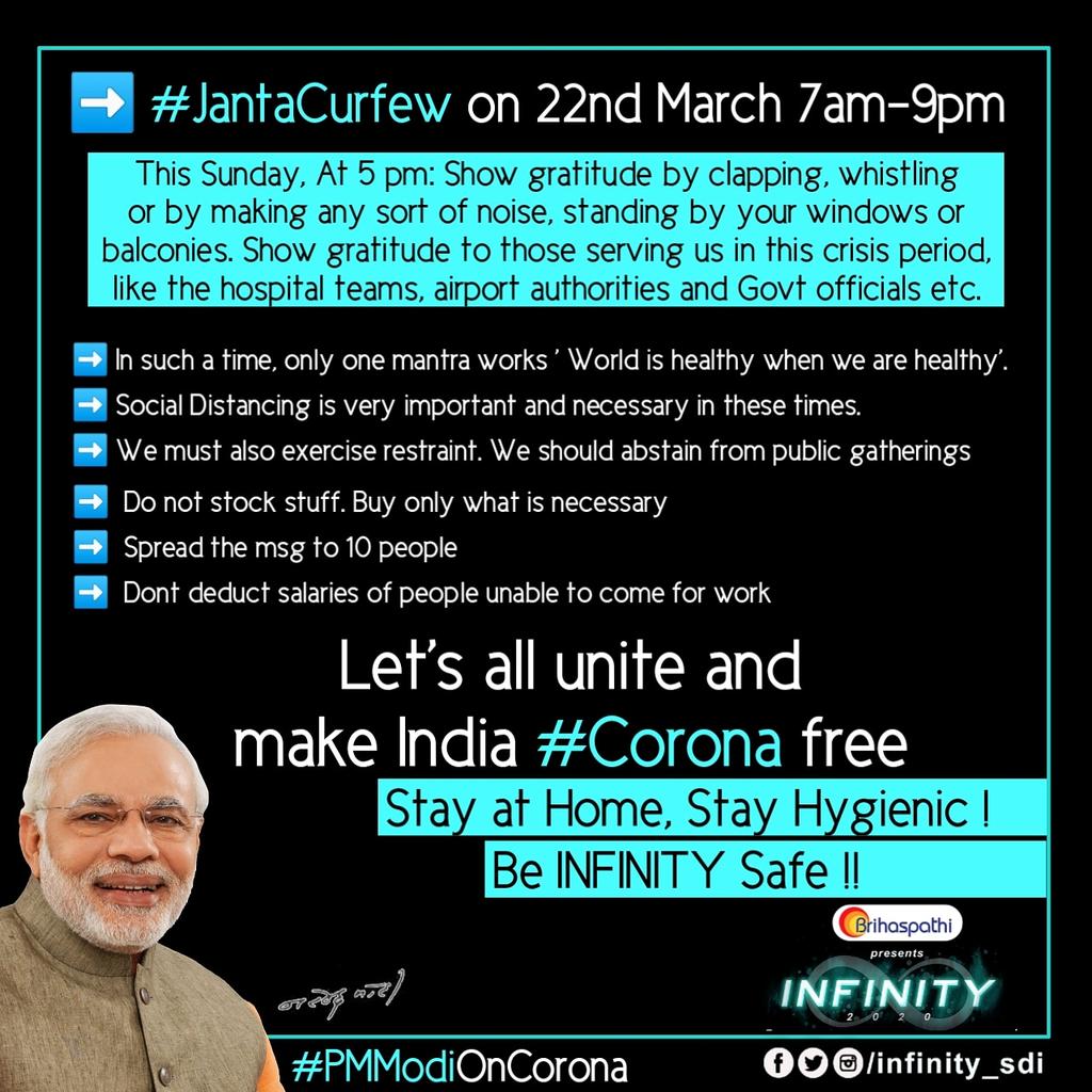 infinity_sdi's tweet photo. PM #NarendraModi Addresses the nation on CORONA VIRUS OutBreak.
➡️ PM calls for #JantaCurfew on 22nd March. &amp; Lets show Gratitude by making Noise
Stay at Home,Stay Hygienic
Be ♾️ Safe
#PMModiOnCORONA
#CoronaVirusIndia
#IndiaFightsCorona
#IndiaFightsCorona19
#CoronaOutbreakIndia https://t.co/ZNdPSwc45R