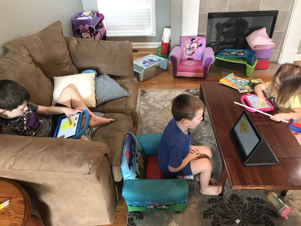 All 3 kids working with pattern shapes from <a href="/MLCmath/">The Math Learning Center</a>. Tons of online math manipulatives for Chromebooks and iPads. #homeschool