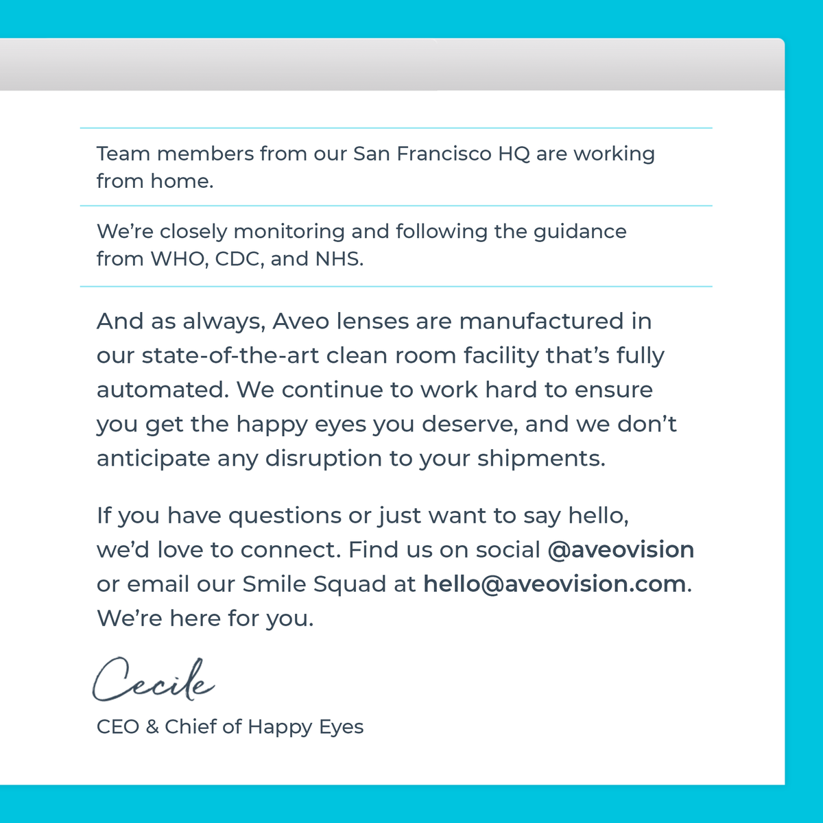 aveovision's tweet photo. A message from Cecile, CEO and Chief of Happy Eyes at Aveo Vision. https://t.co/EIGyLBcwrX
