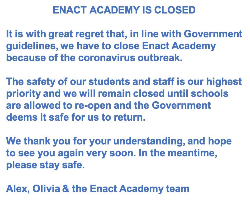EnactAcademy's tweet photo. ENACT ACADEMY STATEMENT ON CORONAVIRUS https://t.co/IVhCSZ1Kr9