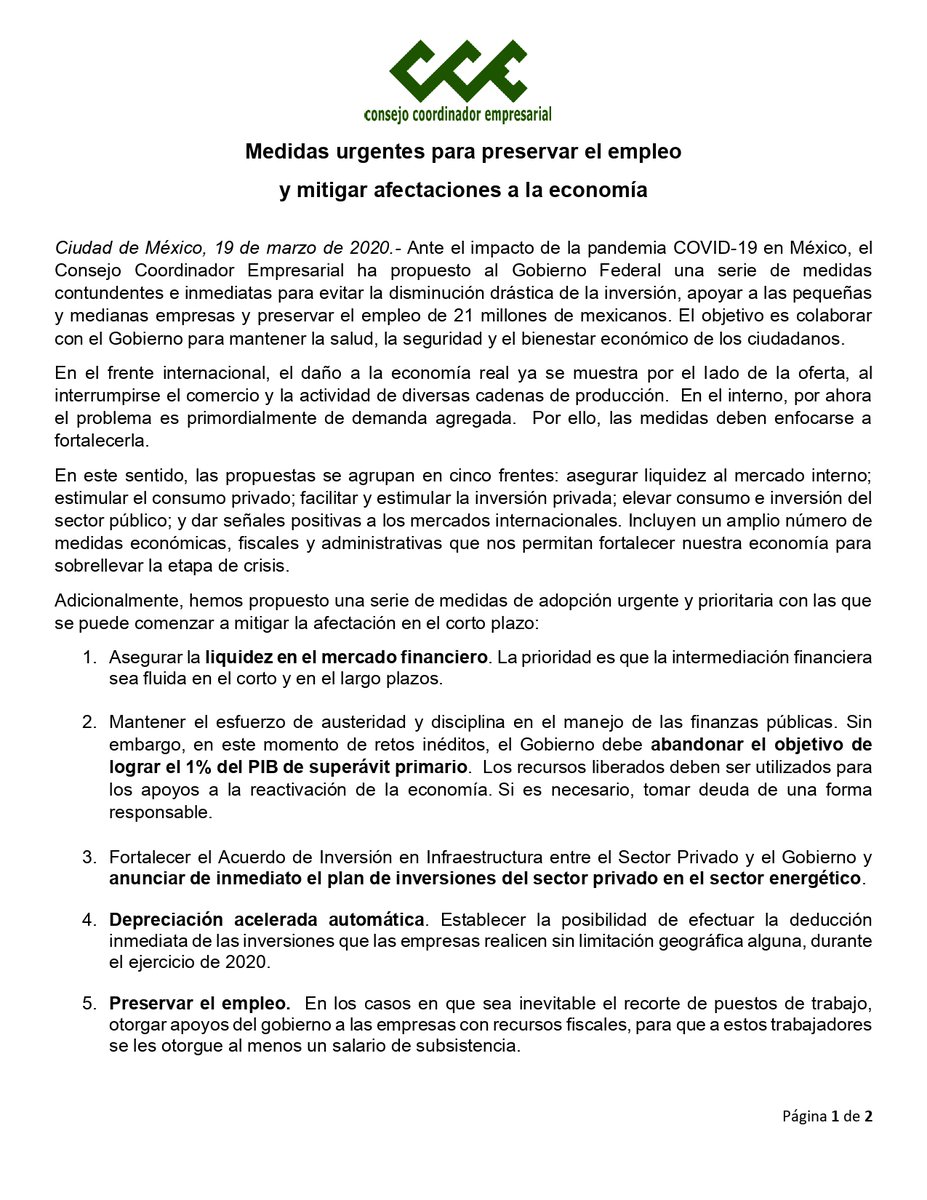 cceoficialmx's tweet photo. #Comunicado | Medidas urgentes para preservar el empleo y mitigar afectaciones a la economía. https://t.co/zJ1mvMWytt