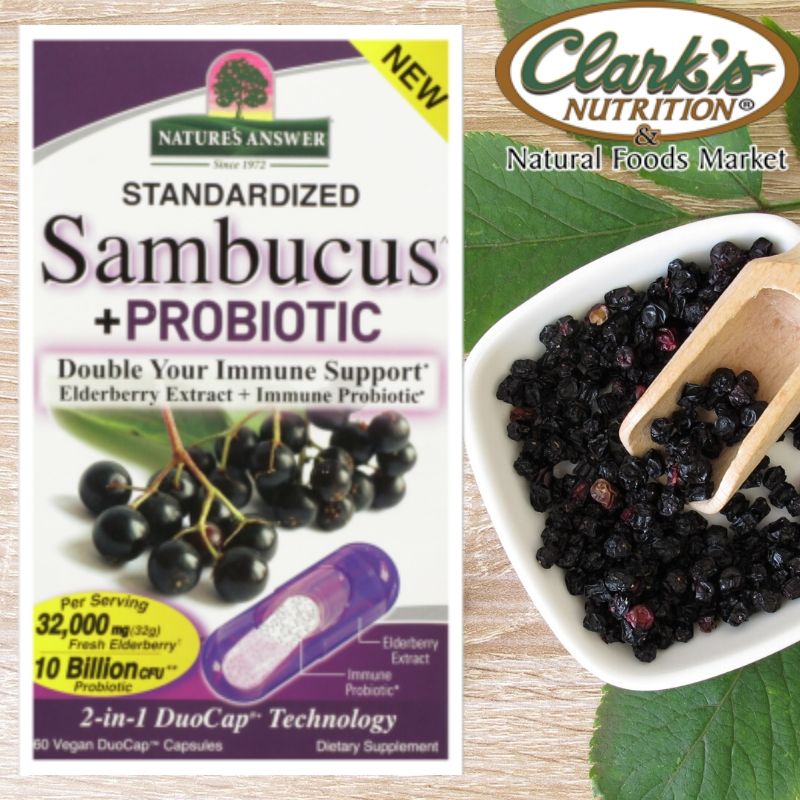 clarksnutrition's tweet photo. Give your immune system support with @natures_answer Sambucus + Probiotic! These #vegan capsules are kosher, gluten-free, and contain 12,000 mg of black elderberries!

#healthy #clarksnutrition #immunesystem #glutenfree https://t.co/Llqgt5rdx4