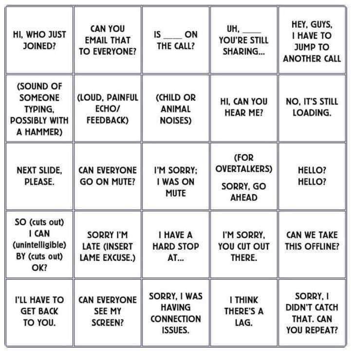 Teams meeting bingo card Teams meeting bingo card