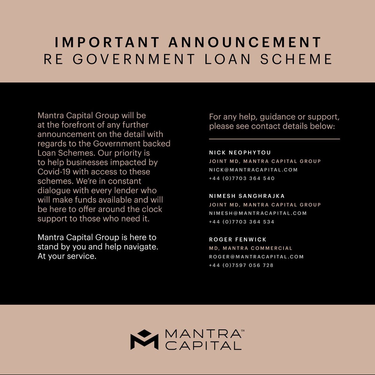 Mantra Capital here to help eligible business access the Coronavirus Business Interruption Loan Scheme.

#cbils #commercialfinance #CoronaVirusUpdate #britishbusiness #heretohelp