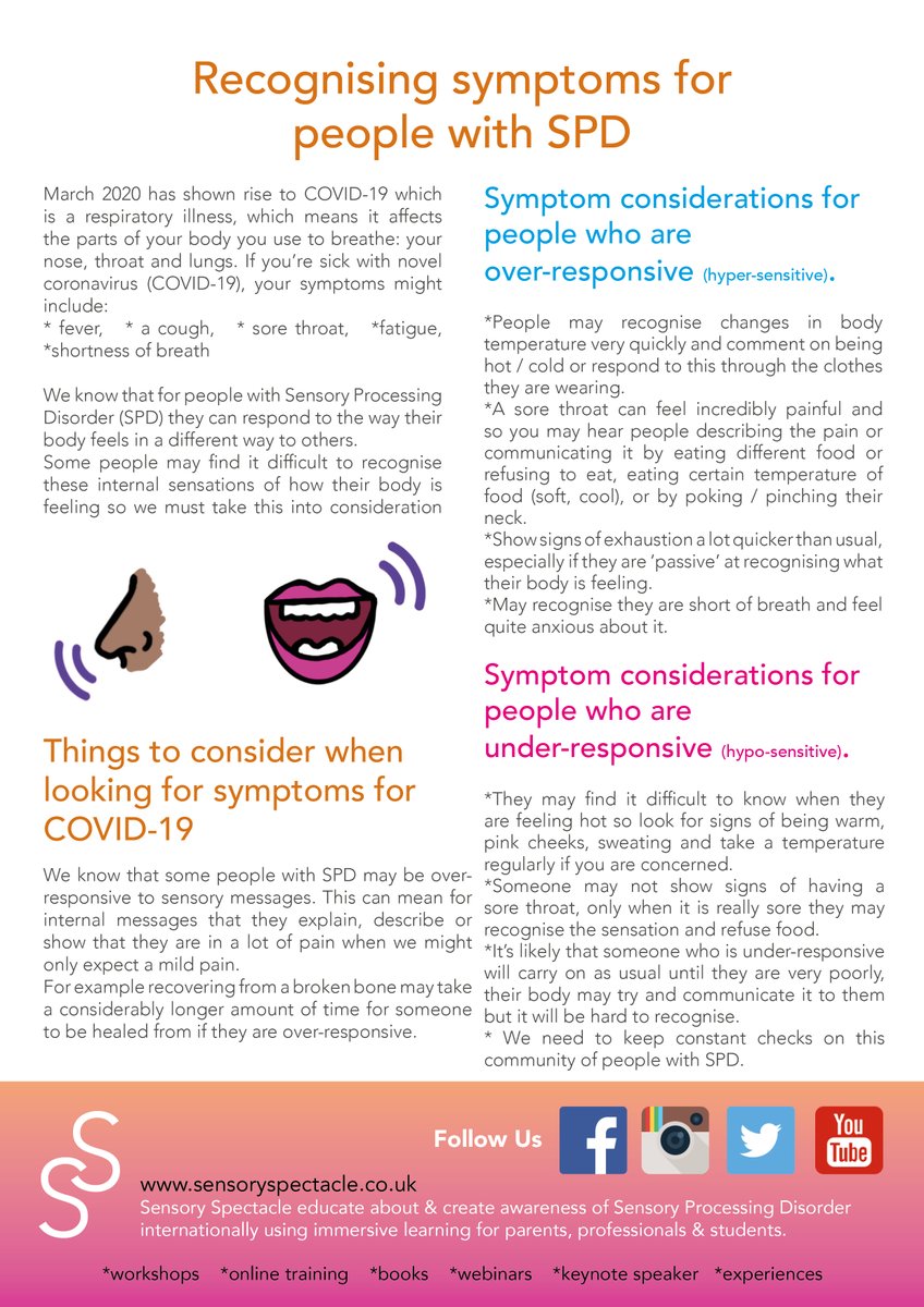 I've created some information pictures with how to recognise symptoms of COVID-19 for people w #SensoryProcessingDifficulties

This is advice using my SPD knowledge, not medical advice. If you are concerned please do follow the proceedures in your country

Please share #covid19