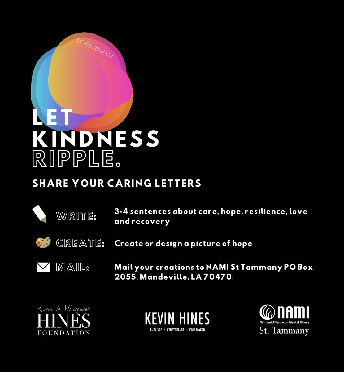 KevinHinesStory's tweet photo. π¨ CREATE & SEND your own #CaringLetters
WANT TO GET INVOLVED?
- Write a letter (3-4 sentences about care, hope, resilience, love and recovery)
- Create or design a picture of hope
- Mail your creations to NAMI St Tammany PO Box 2055, Mandeville, LA 70470.
#beheretomorrow https://t.co/fj8pJKnub0