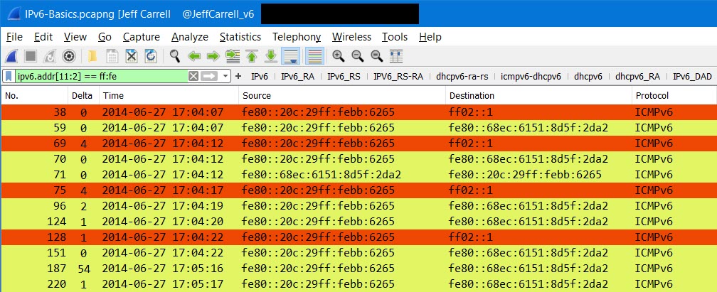 JeffCarrell_v6's tweet image. #IPv6 tidbit, looking for M-EUI-64 addrs use this #Wireshark display filter ipv6.addr[11:2] == ff:fe  HT @awalding Also, don&apos;t forget #coreit next week and @wiresharkfest in July for more @WiresharkNews awesomeness #geeklife