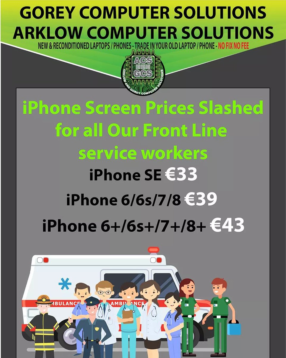 ArklowComputer's tweet image. Please Like and Share.
For any of our Frontline Service workers, including the RNLI, we have Slashed the price of iPhone screens. iPhone SE €33. iPhone 6/6s/7/8 €39
iPhone6+/6s+/7+/8+ €43 #Gorey #Arklow #Coronavirusireland