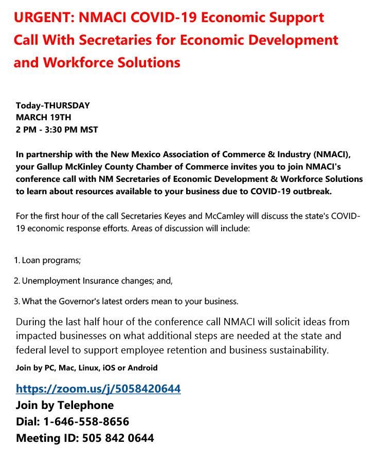 Urgent: NMACI COVID-19 Economic Support Call w/ Secretaries for Economic Dev &amp; Workforce Solutions gallupnm.gov/CivicAlerts.as…