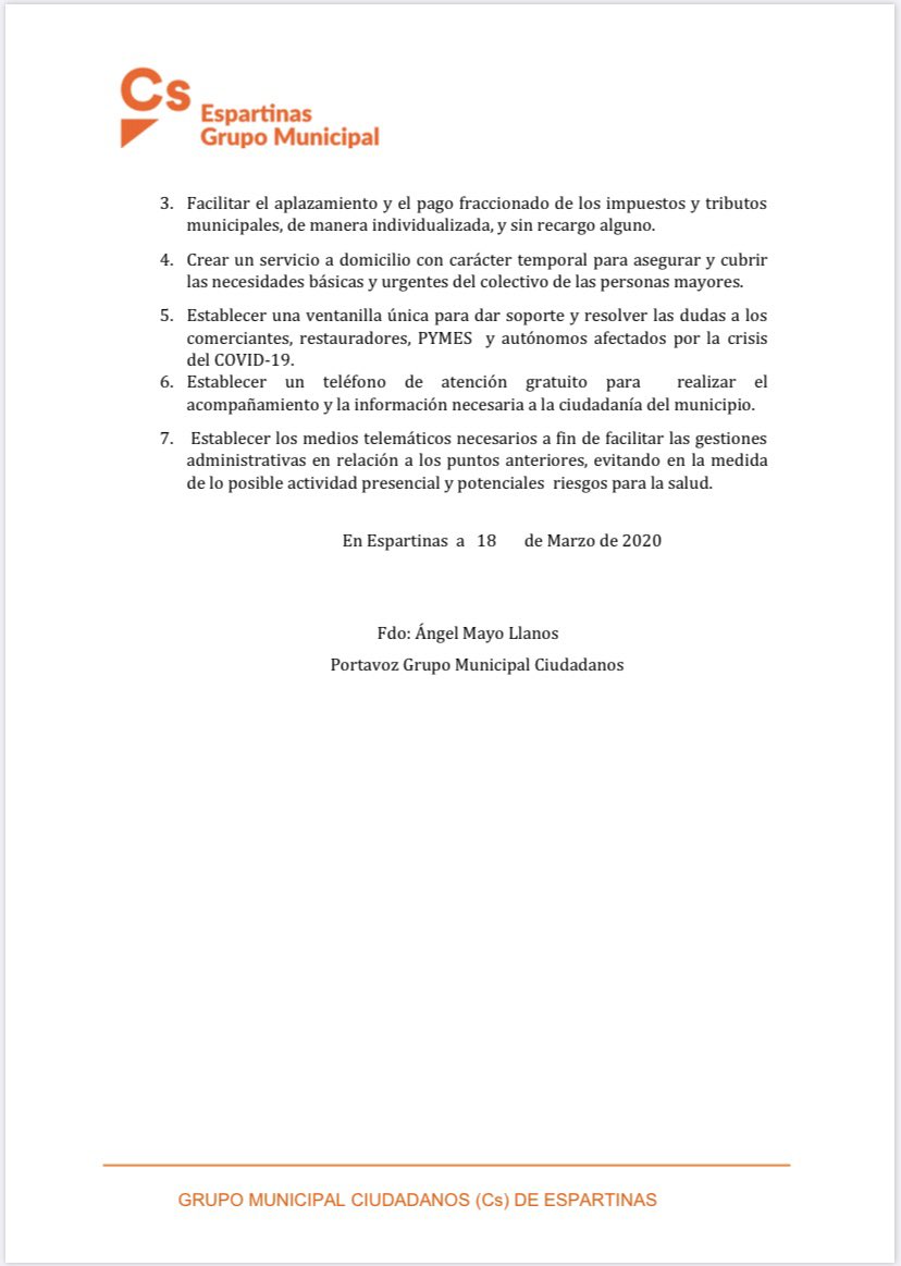 CsEspartinas's tweet photo. Agradeciendo el esfuerzo de todos los profesionales del @espartinas para la gestión de esta situación y ofreciendo nuestra disposición para buscar 
soluciones de forma conjunta y consensuada.
📝El grupo municipal de Ciudadanos ha registrado las siguientes propuestas: 
#Covid_19 https://t.co/FyHGSq6qDu