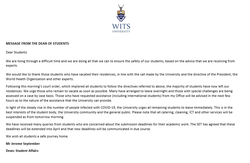 WitsUniversity's tweet photo. 📢 ANNOUCEMENT: Dear Wits University students, please read the letter #CoronaVirusUpdate  below by the Dean of Student Affairs, @JeromeSeppie.

🙏🏾We wish all students a safe journey home.

#CoronaVirusCrisis 🧫 https://t.co/Xnne5deE4X