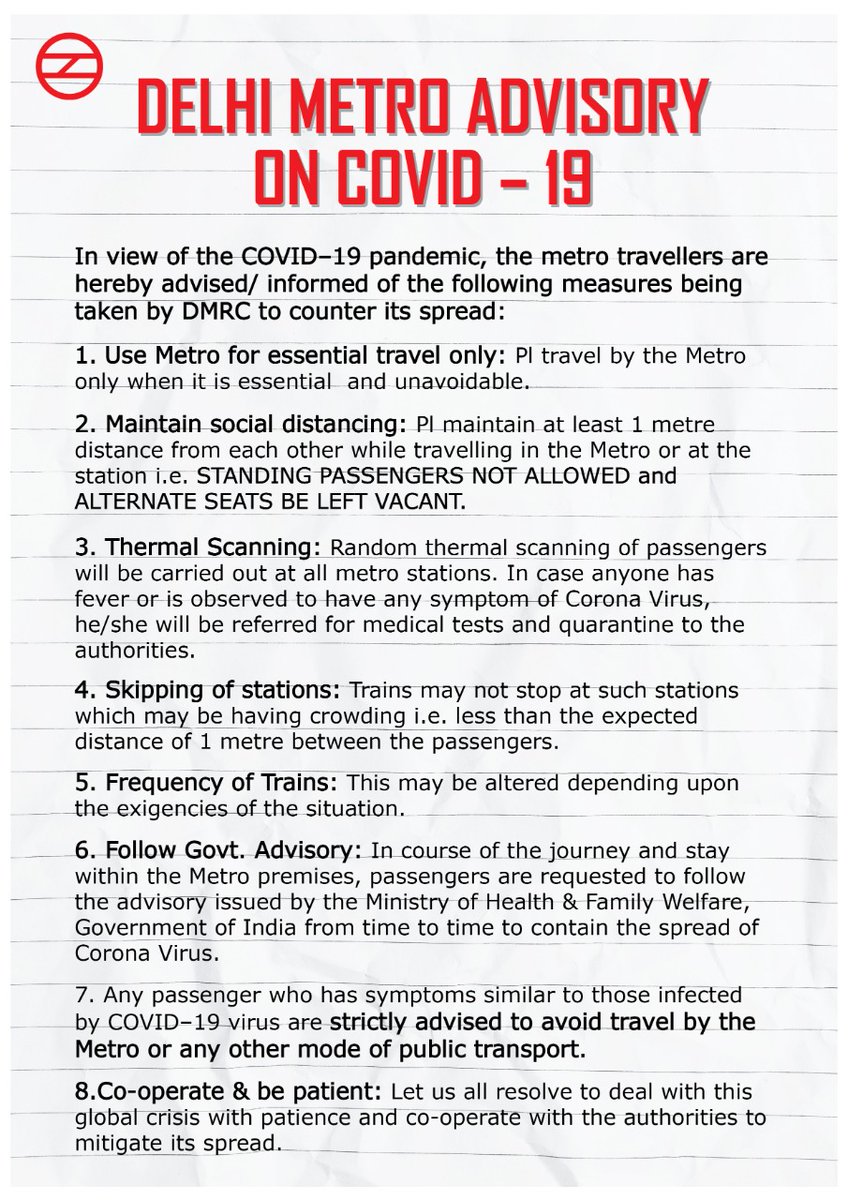 OfficialDMRC's tweet photo. Delhi Metro Advisory on COVID-19. #CoronaAlert https://t.co/sCrFW4SwN0