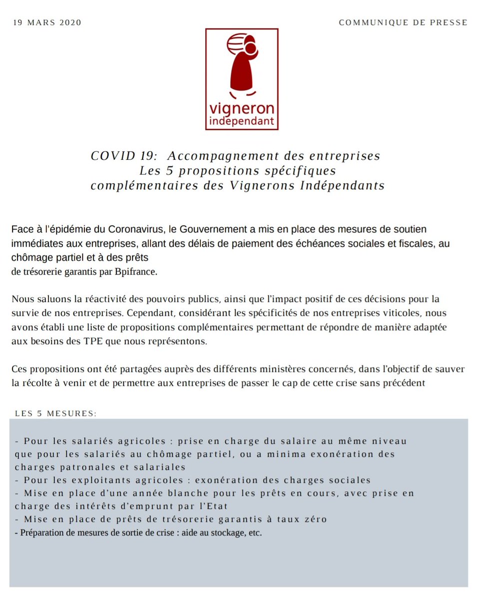 vigneronindep's tweet image. Covid19 : les Vignerons Indépendants demandent 5 mesures complémentaires d&apos;accompagnement spécifiques à leurs entreprises ! 
Lire le communiqué : bit.ly/2Wt7TDa