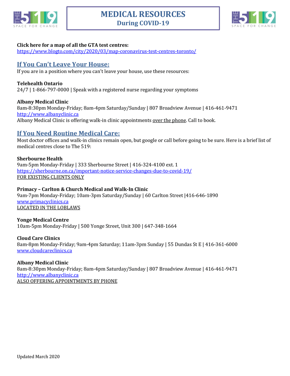 #COVID19: Sharing  a list of Medical Resources currently available to communities. Updated as of today, March 19, 2020.
Download PDF from: the519.org/covid19-servic…
Please share, and follow our COVID-19 Information &amp; Updates page for up-to-date information: 
the519.org/news/covid19-t…