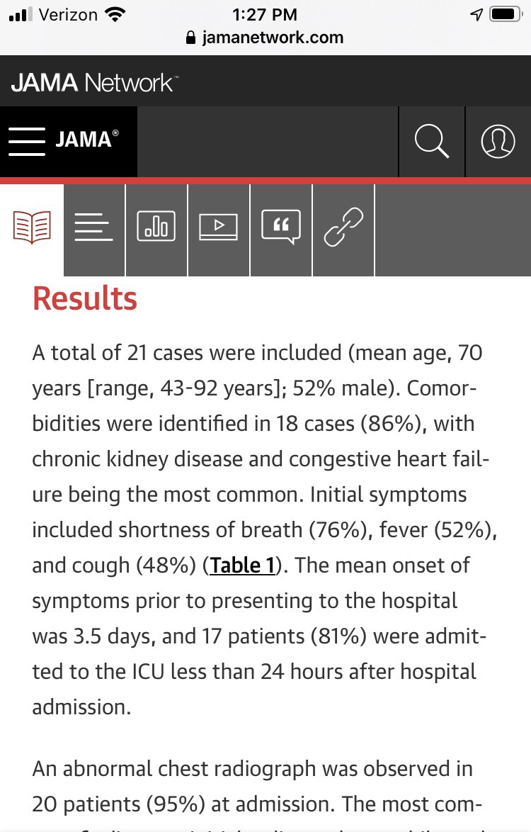 13. One of the first studies of  #COVID19 from the United States. This is from Seattle, WA. Sounds pretty bad. Important: these are ONLY numbers for people admitted to ICU. 100% ARDS 67% mortality 9.5% discharged from ICU  https://jamanetwork.com/journals/jama/fullarticle/2763485Thoughts  @BDSouthern ?