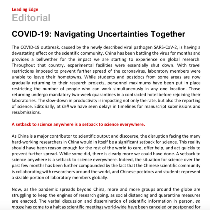 CellCellPress's tweet photo. Our editorial on #COVID19: Navigating Uncertainties Together.  This #coronavirus #outbreak is having a devastating effect on the scientific community. We are going to get through this, and we are going to be stronger on the other end. 
https://t.co/ue0i78Ca5p https://t.co/0Oabj0gH7r