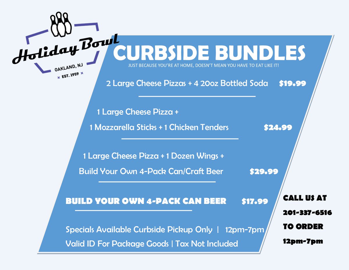 HolidayBowlNJ's tweet photo. Just because we're all stuck inside, doesn't mean you have to eat like you're stuck inside! Call us to place an order of your favorites, pair it with a beer for curbside pickup! We will deliver locally!  Kitchen is open 12pm-7pm today - - Call 201-337-6516 #NOTJUSTBOWLING https://t.co/tnRd9OIR1C