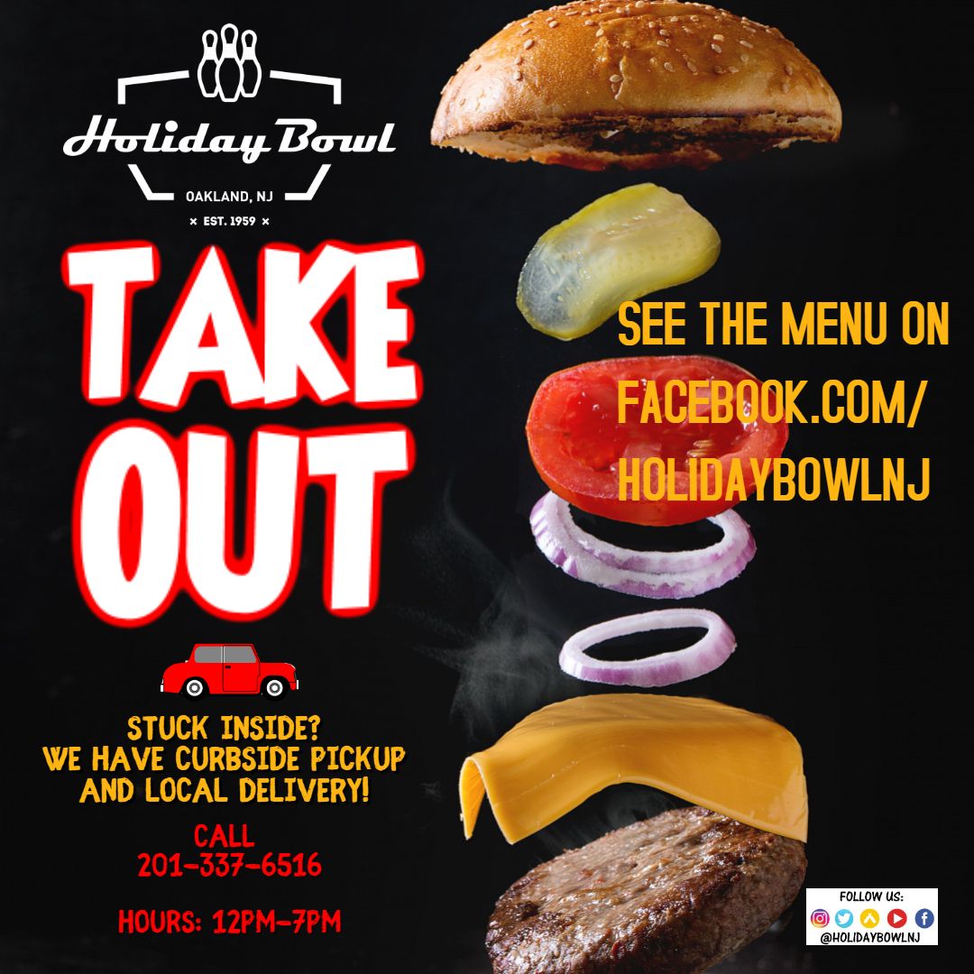 HolidayBowlNJ's tweet photo. Just because we're all stuck inside, doesn't mean you have to eat like you're stuck inside! Call us to place an order of your favorites, pair it with a beer for curbside pickup! We will deliver locally!  Kitchen is open 12pm-7pm today - - Call 201-337-6516 #NOTJUSTBOWLING https://t.co/tnRd9OIR1C