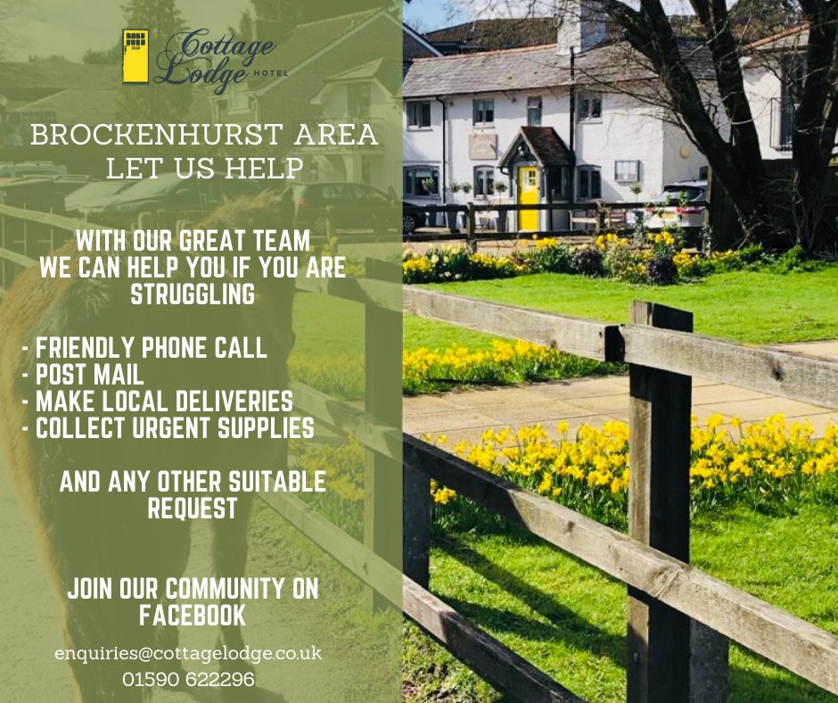 Our team at Cottage Lodge are here to help! Get in touch at enquiries@cottagelodge.co.uk or call us on 01590 622 296 should you need any help during the next few weeks.
Join our Cottage Lodge Community on Facebook
bit.ly/Cottage-Lodge-…
#callus #heretohelp #ourteam #getintouch