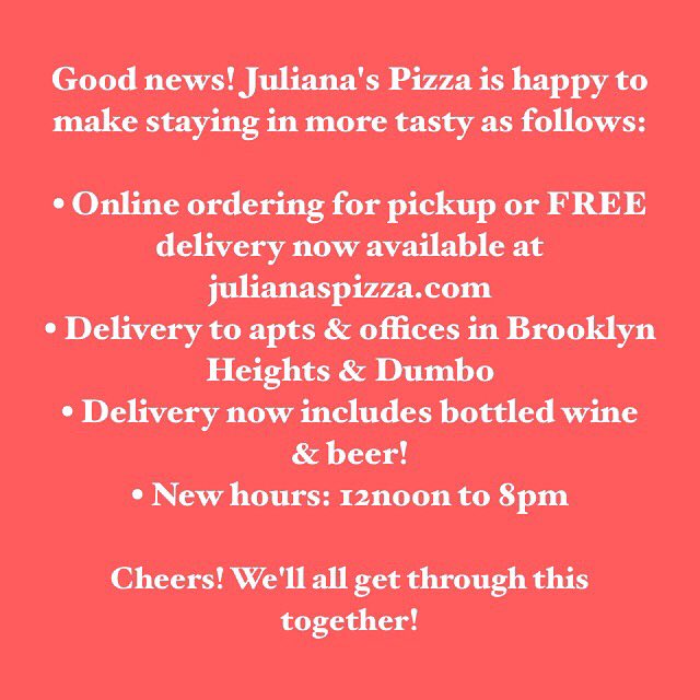 Thanks to everyone who's supporting us with pickup and delivery orders at julianaspizza.com ! We're here to serve you through this challenging time, &amp; appreciate you for helping us keep our team working! Our employees will safely deliver 🍕🍷🍺to you as pickup or delivery!