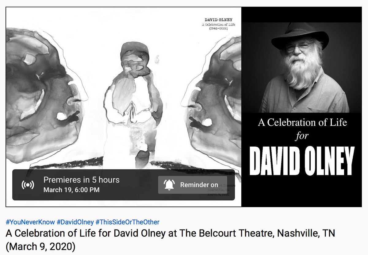 TONIGHT at 7:00 pm (Eastern Time): World Premiere of “A Celebration of Life for <a href="/DavidOlney/">David Olney</a> <a href="/Belcourt/">Belcourt Theatre</a>” - FREE stream @ DavidOlney.com. The 1 hour, 48+ min. video event feat. 5 speakers + more than a dozen artists performing 13 songs!
#YouNeverKnow #DavidOlney #MusicVideo