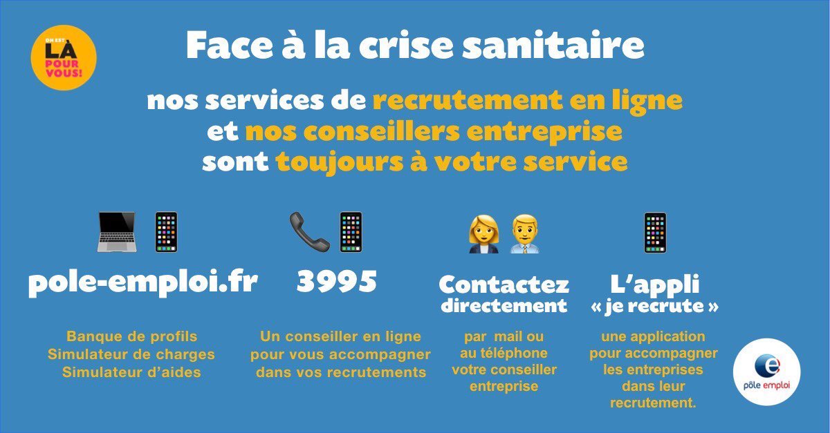 HerveJouanneau's tweet photo. [@Covid_infoFR et #Recrutements] @poleemploi_RCVL vous informe que face à la crise sanitaire et aux besoins urgents exprimés ds certains secteurs,vos conseillers Entreprise sont à votre écoute et vous accompagneront dans vos opérations de recrutement.(Re)Prenez le contact 📞📧💻 https://t.co/S3OQMl5uaa