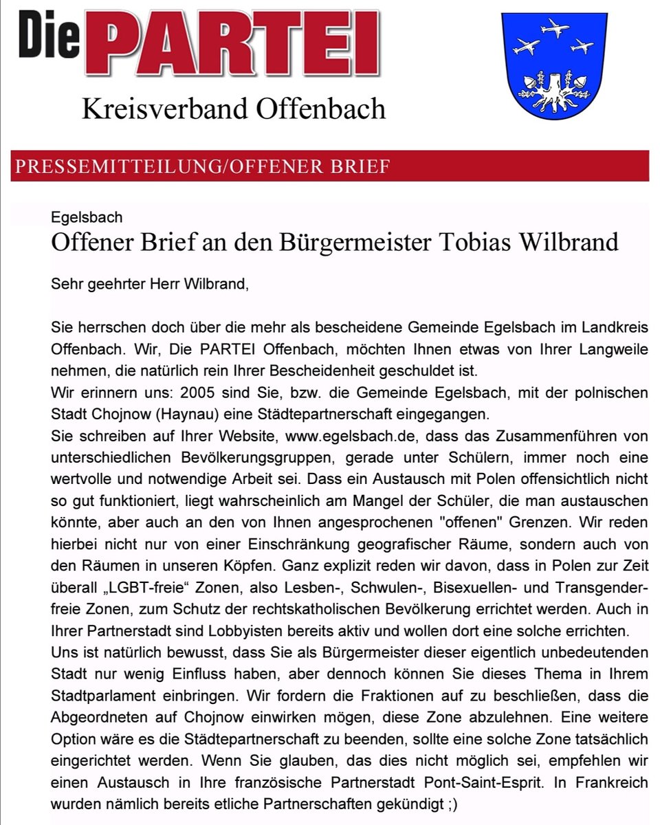 DieParteiOF's tweet photo. Offline Aktivitäten sind aktuell eher schwierig. Das heißt aber nicht, dass wir nicht trotzdem sehr gute Politik anbieten können. In diesem Fall haben wir dem Bürgermeister der Stadt Egelsbach einen kleinen Brief per Email zukommen lassen ;)
#lgbt #polen #diepartei #dieparteiof https://t.co/07AhEIsANM