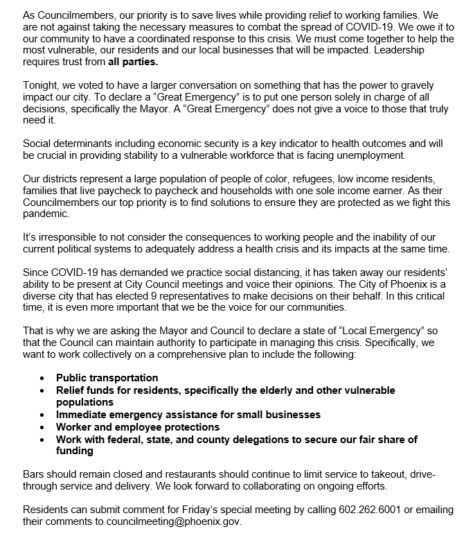 PhxDistrict7's tweet photo. STATEMENT FROM COUNCILMAN NOWAKOWSKI, COUNCILWOMAN PASTOR, VICE MAYOR GUARDADO, AND COUNCILMEMBER GARCIA ON MARCH 18TH CITY COUNCIL MEETING:

Phx Newsroom: https://t.co/JjIibCbKeX https://t.co/vuY1k6IsJF