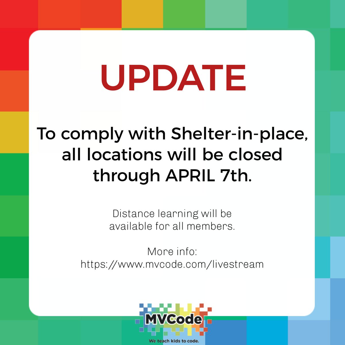 mvcode's tweet image. The current situation is ever changing and MVCode is committed to ensuring we do our part to keep our community safe and healthy.
Members are encouraged to use Livestream.
Rooms open M-F from 9am-3pm and club-specific rooms from 3:30-6:30pm.
Info 🔗:mvcode.com/livestream