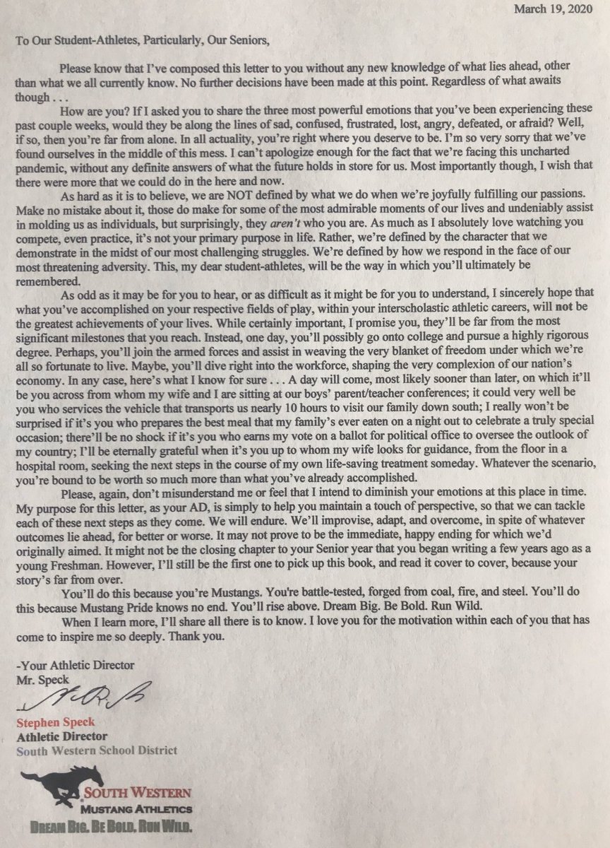 During this difficult time, I believe it’s my duty as your AD to share this sentiment with you, especially our student-athletes. I also urge you, even for those not members of the SWSD, please, spread this message to anyone who might be positively impacted by it. #SWExcellence