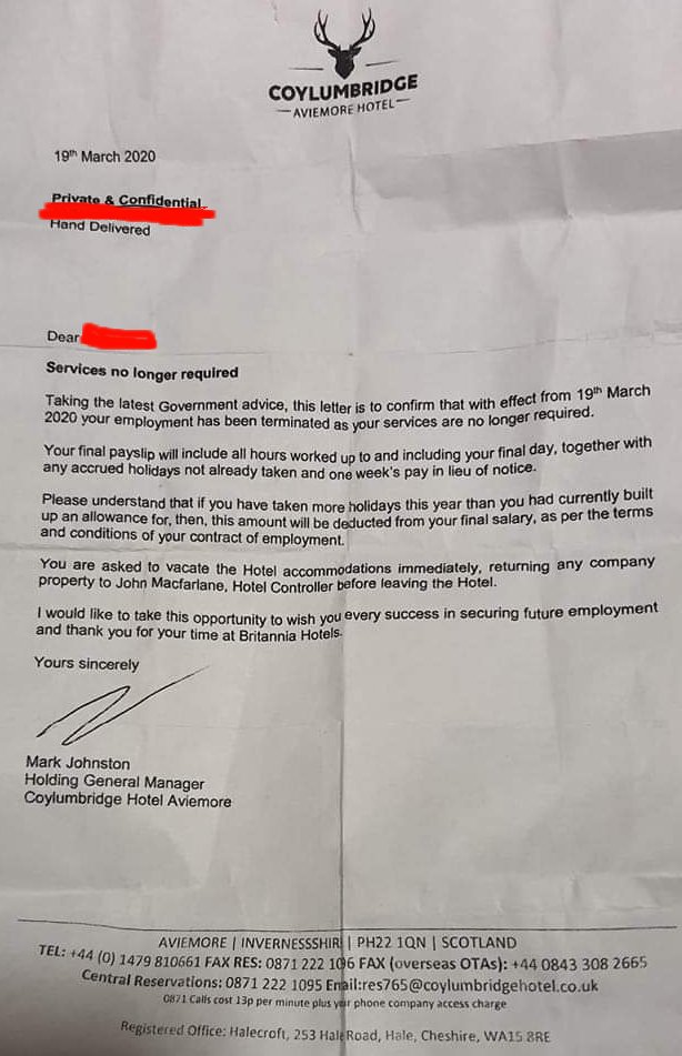 ScaryHighlander's tweet image. Aviemore Coylumbridge Hotel sent this letter to staff today. Not just fired but chucked out of their accommodation with no notice and no redundancy pay! @BritanniaLtd Britannia Hotels should be ashamed of themselves. Certainly no "room at the inn" here, disgusting.