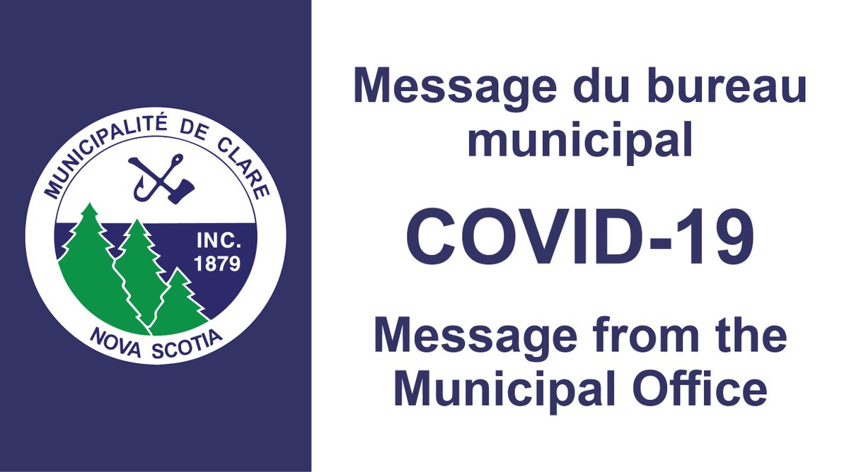 À compter de 16 h 30 le 19 mars 2020, le bureau municipal sera fermé au public jusqu’à nouvel ordre. Pour de plus amples détails au sujet de la suspension de services municipaux : clarenovascotia.com/fr/quoi-de-neu…