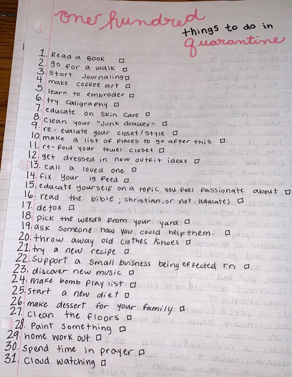 OceanLilllie's tweet photo. 100 things to do in quarantine. RT to save a life 😁 #corona https://t.co/vDGHQkotfS