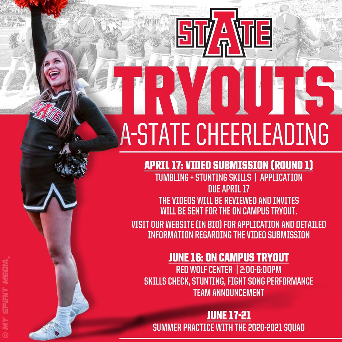 AStateSpirit's tweet photo. UPDATED: A-State Cheer Tryouts! Video submissions are due by April 17. Once reviewed, invites to our on campus tryout will be held June 16. Visit our website (in bio) for details and application! #WolvesUp #GRW #stAteCheer https://t.co/iy6tSlJqHz