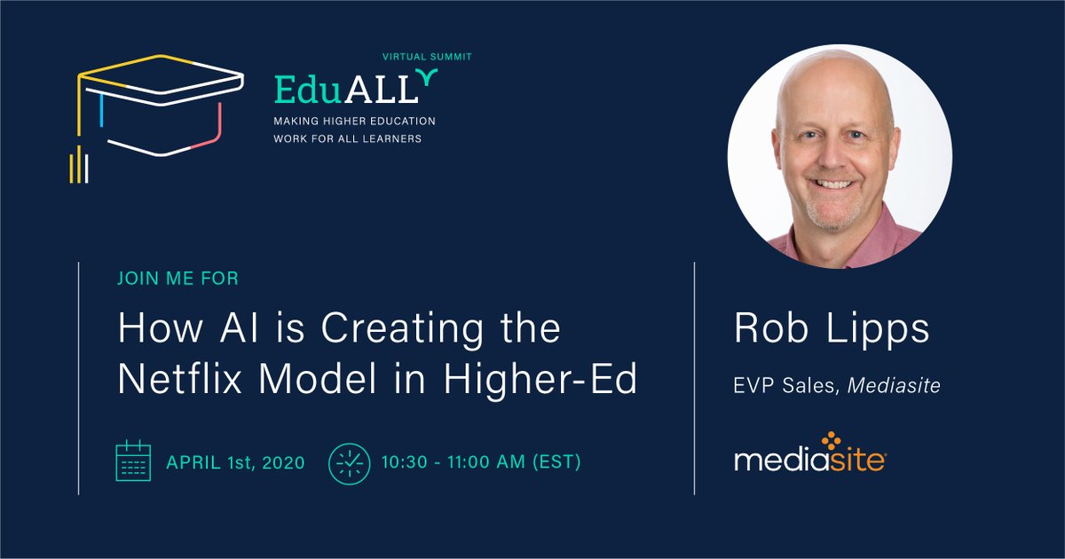 Mediasite's tweet photo. We're excited to be part of @Verbit_'s virtual summit #eduALL on April 1st! Tune in to our session, How AI is Creating the Netflix Model in Higher-Ed at 10:30am EST. RSVP here https://t.co/vLT1U1GMvI #highered #mediasite https://t.co/fjQWROOyqs
