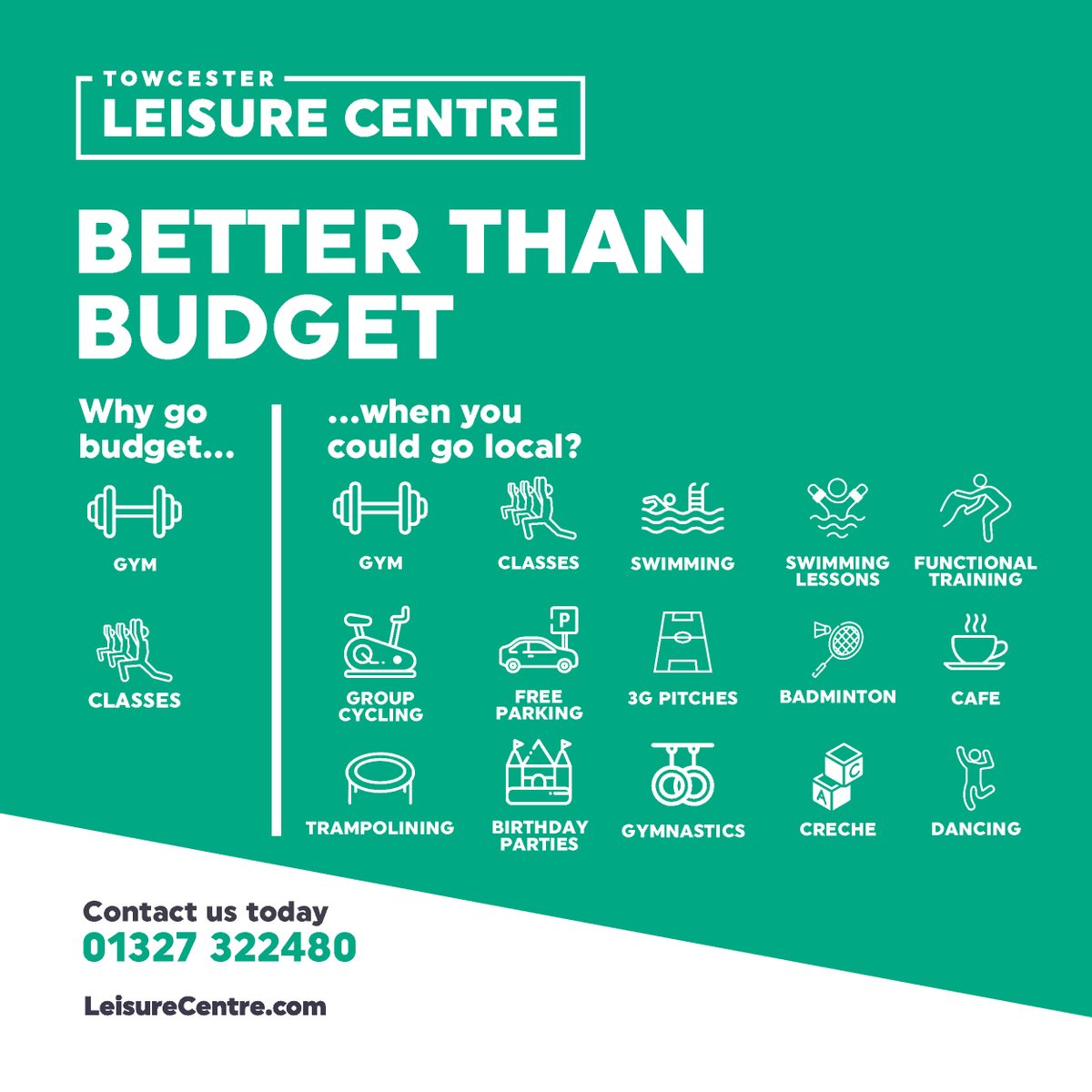 Weighing up your options? Here are just a few reasons why we are 'Better than Budget'! If you haven't been to the centre before but would like to come for a look around, please let us know and we can arrange this with one of our membership advisors. Call us on 01327 322480
