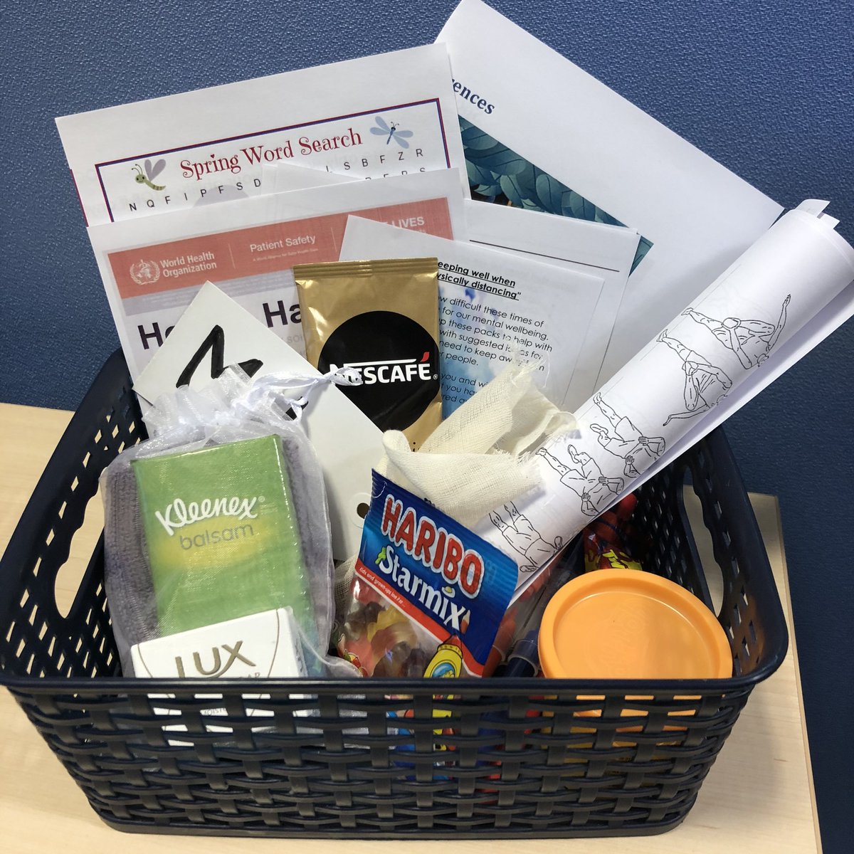 this is our first ‘physical distancing pack’ put together for <a href="/OtRegency/">Regency OT</a> today -suggested ideas of things to do, indoor workouts, hot drinks and sweet treats, but also including tissues, soap and a flannel! #IsolateWithOT <a href="/Millview_SPFT/">Mill View Hospital</a>