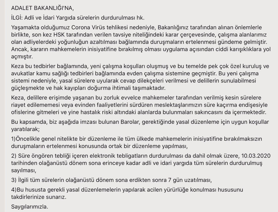 Tüm avukatları (stajyerler dahil), ilgililerin dikkatini çekmeye davet ediyoruz. 74 Baronun ve 130 bin avukatın ortak çağrısını lütfen aşağıdaki gibi paylaşın: 

❗️Adli ve idari yargıda tüm süreler durdurulsun. 
<a href="/adalet_bakanlik/">T.C. Adalet Bakanlığı</a> <a href="/abdulhamitgul/">Abdulhamit Gül</a> <a href="/mehmetyilmaz073/">Mehmet Yilmaz</a> #sürelerdurdurulsun