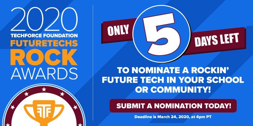 There are just *5 days* left to nominate a top-notch #tech student for our #FutureTechsRock Awards! Submit a nomination prior to March 24th. Nominate here: hubs.ly/H0nnwqt0

#TechForce #newcollarcareer #transportationtech