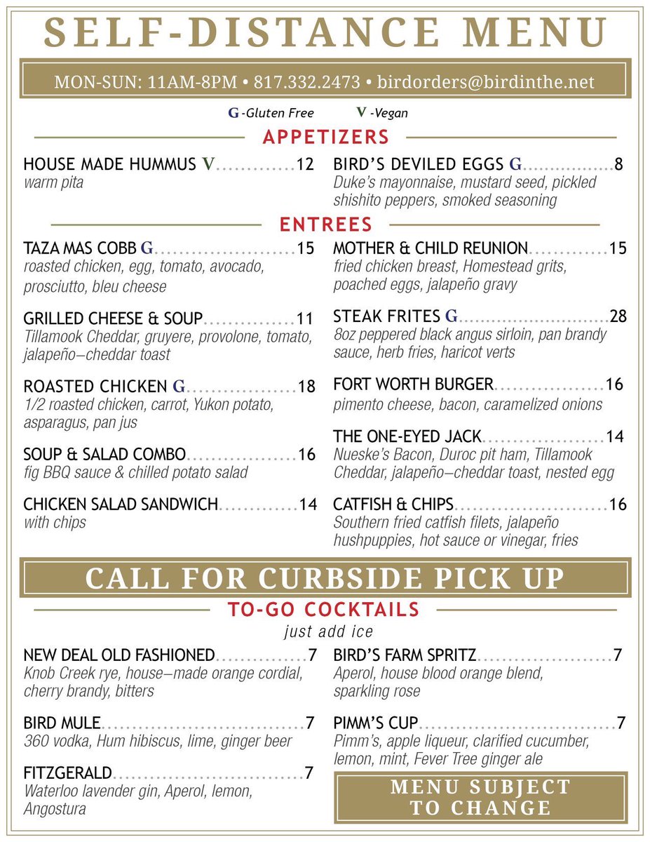 Clever <a href="/BirdCafeFW/">Bird Café</a> is among the first to publish a food and cocktail takeout menu. Send over a grilled cheese and an Old Fashioned